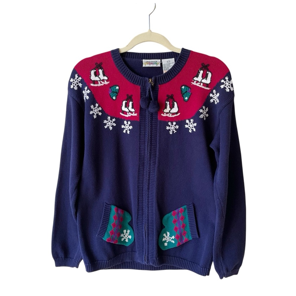 Vintage Northern Getaway Winter Theme Zip Cardigan in Dark Blue Size M